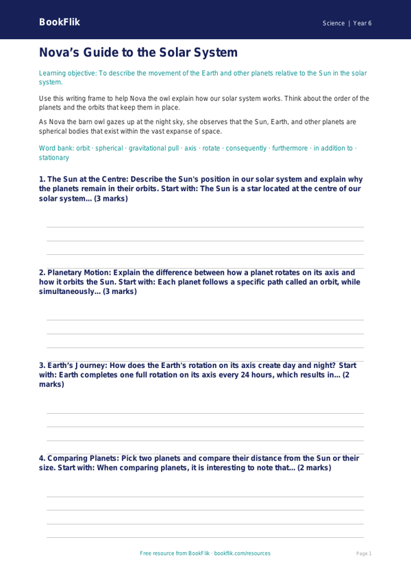Free Space Writing Frame | Year 6 Core | BookFlik worksheet preview — Science Space
