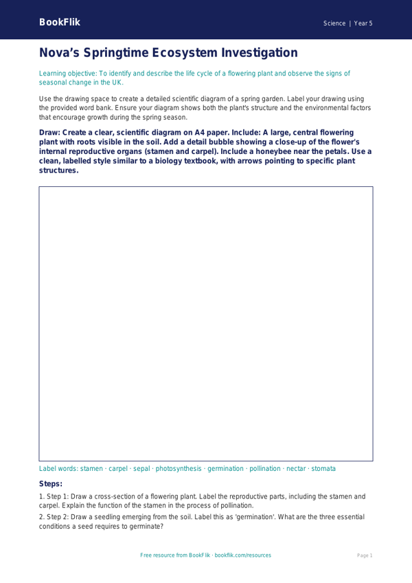 Free Spring Science Drawing Sheet | Year 5 Greater Depth | BookFlik worksheet preview — Science Spring Science