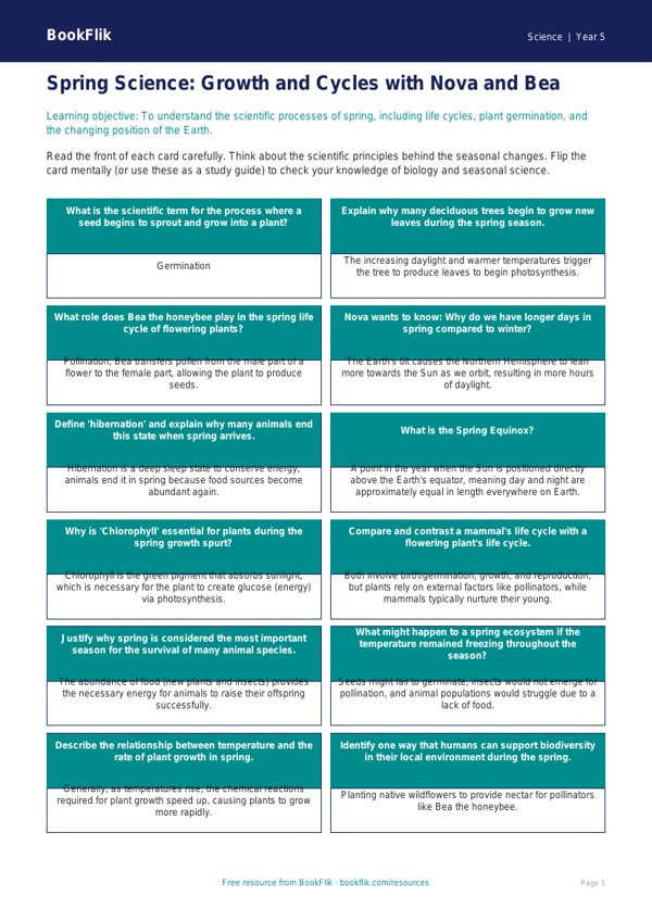 Free Spring Science Flashcards | Year 5 Greater Depth | BookFlik worksheet preview — Science Spring Science