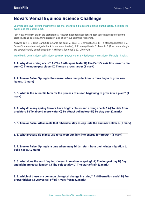 Free Spring Science Quiz | Year 5 Greater Depth | BookFlik worksheet preview — Science Spring Science