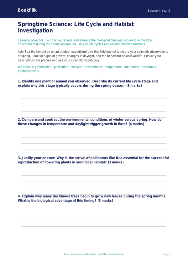 Free Spring Science Template | Year 5 Greater Depth | BookFlik worksheet preview — Science Spring Science