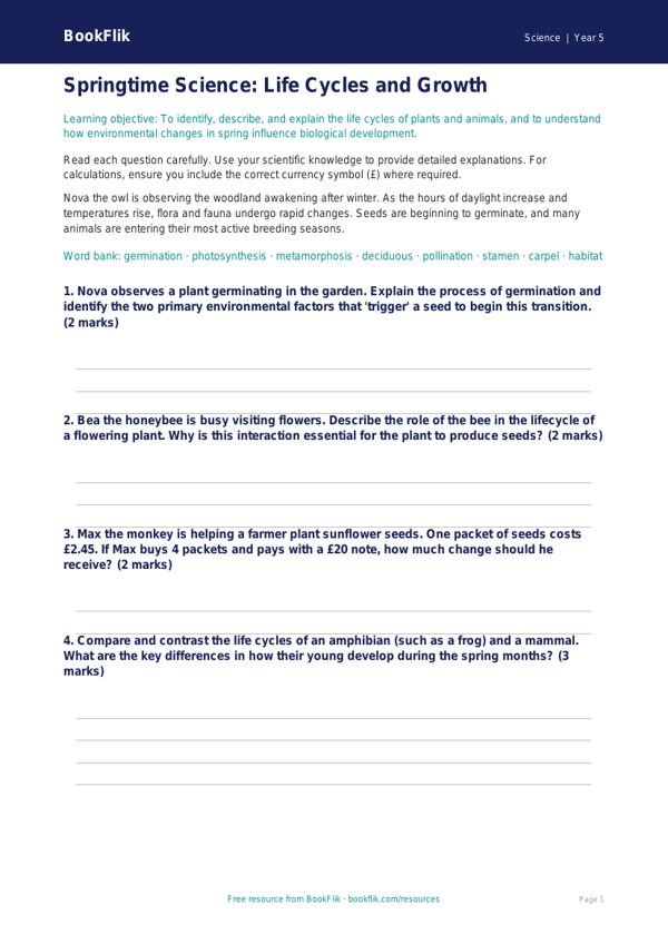 Free Spring Science Worksheet | Year 5 Greater Depth | BookFlik worksheet preview — Science Spring Science