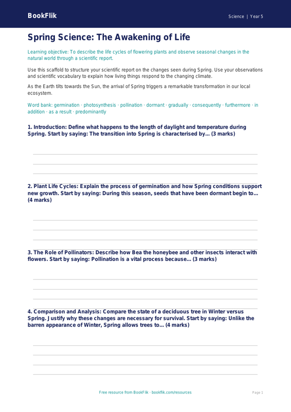 Free Spring Science Writing Frame | Year 5 Greater Depth | BookFlik worksheet preview — Science Spring Science