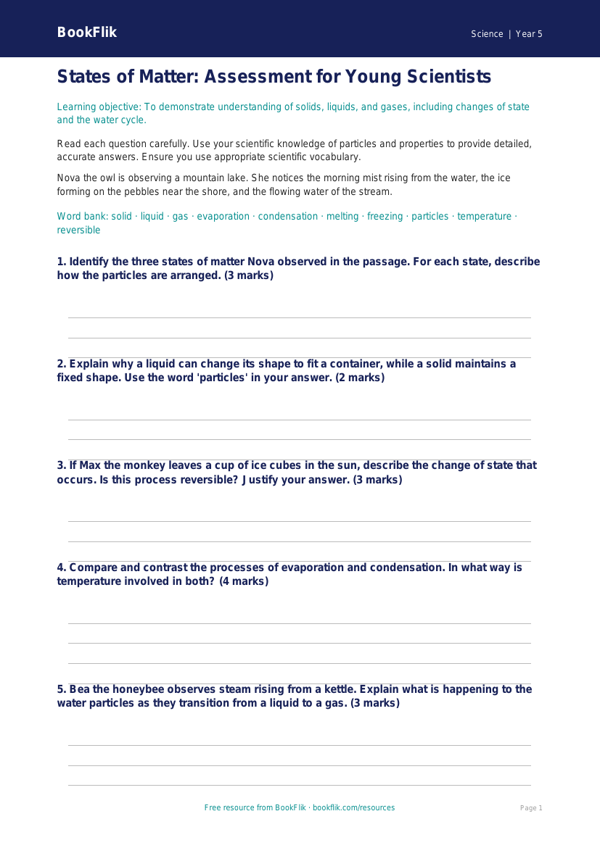 Free States Of Matter Assessment | Year 5 Greater Depth | BookFlik worksheet preview — Science States Of Matter