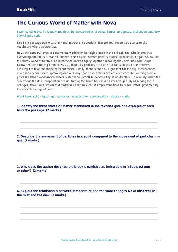Free States Of Matter Comprehension | Year 5 Greater Depth | BookFlik worksheet preview — Science States Of Matter