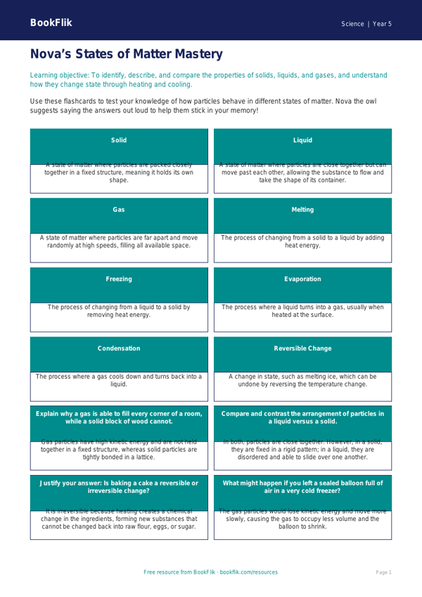 Free States Of Matter Flashcards | Year 5 Greater Depth | BookFlik worksheet preview — Science States Of Matter