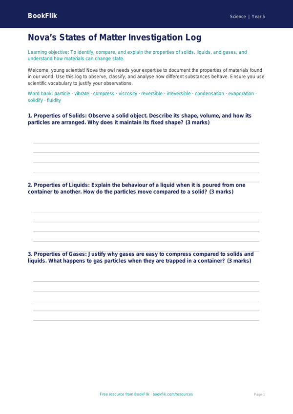 Free States Of Matter Template | Year 5 Greater Depth | BookFlik worksheet preview — Science States Of Matter