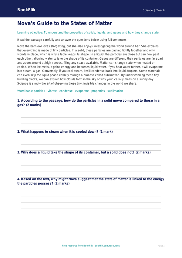 Free States Of Matter Comprehension | Year 6 Core | BookFlik worksheet preview — Science States Of Matter