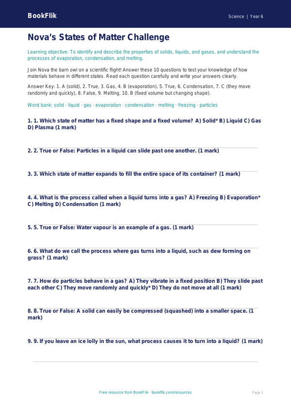 Free States Of Matter Quiz | Year 6 Core | BookFlik worksheet preview — Science States Of Matter