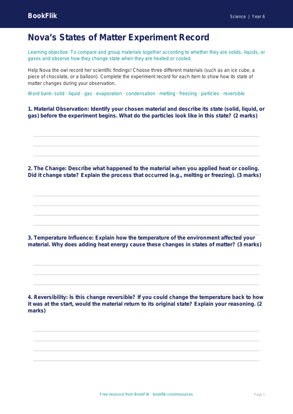 Free States Of Matter Template | Year 6 Core | BookFlik worksheet preview — Science States Of Matter