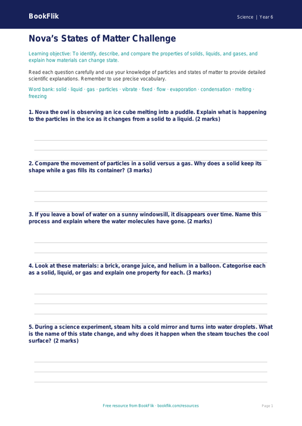 Free States Of Matter Worksheet | Year 6 Core | BookFlik worksheet preview — Science States Of Matter