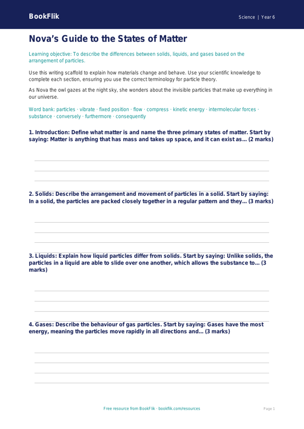 Free States Of Matter Writing Frame | Year 6 Core | BookFlik worksheet preview — Science States Of Matter