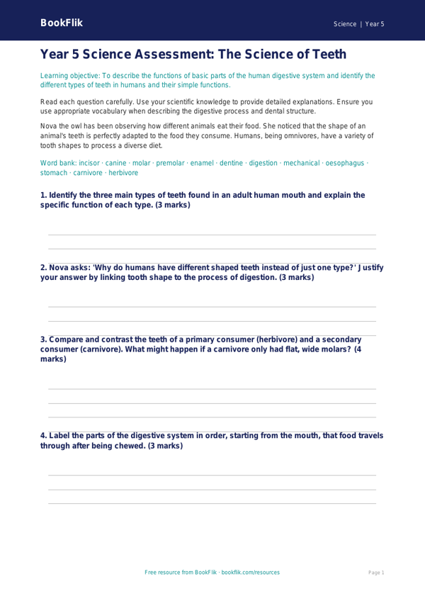 Free Teeth Assessment | Year 5 Greater Depth | BookFlik worksheet preview — Science Teeth
