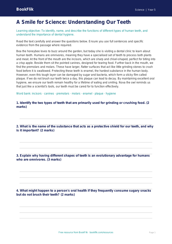 Free Teeth Comprehension | Year 5 Greater Depth | BookFlik worksheet preview — Science Teeth