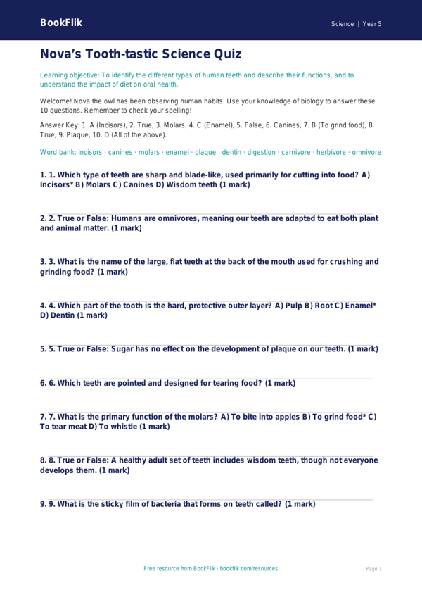 Free Teeth Quiz | Year 5 Greater Depth | BookFlik worksheet preview — Science Teeth