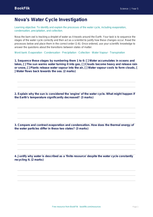 Free Water Cycle Activity Sheet | Year 5 Greater Depth | BookFlik worksheet preview — Science Water Cycle
