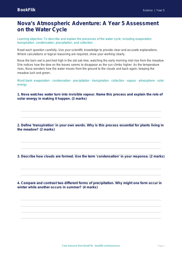 Free Water Cycle Assessment | Year 5 Greater Depth | BookFlik worksheet preview — Science Water Cycle