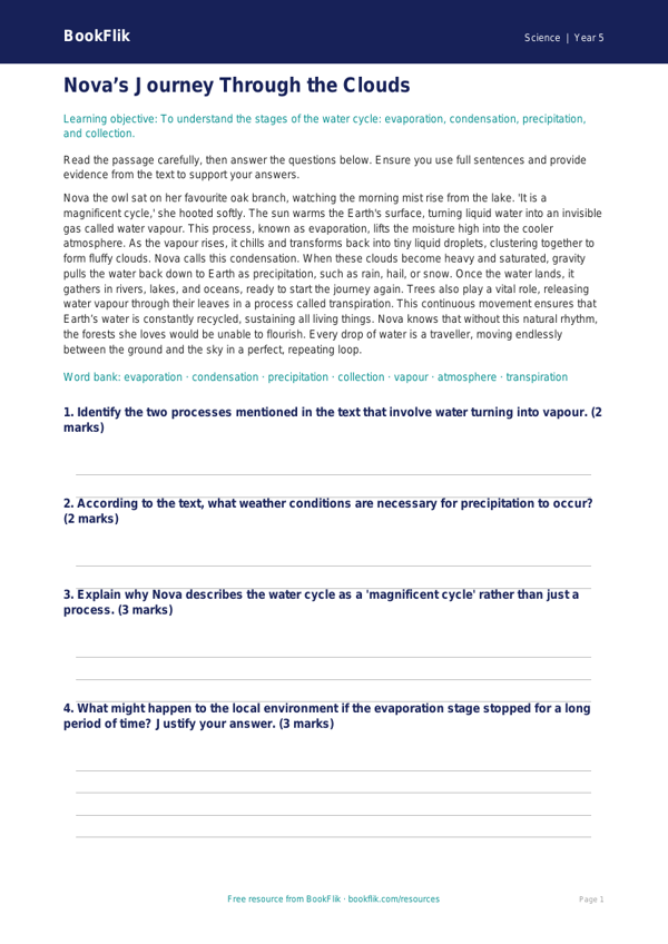 Free Water Cycle Comprehension | Year 5 Greater Depth | BookFlik worksheet preview — Science Water Cycle