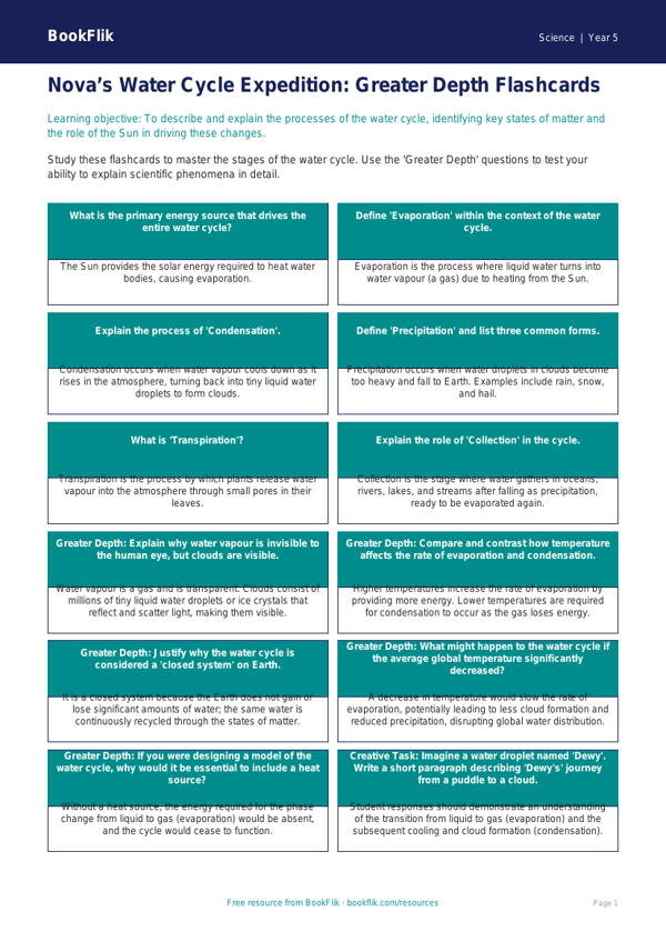 Free Water Cycle Flashcards | Year 5 Greater Depth | BookFlik worksheet preview — Science Water Cycle