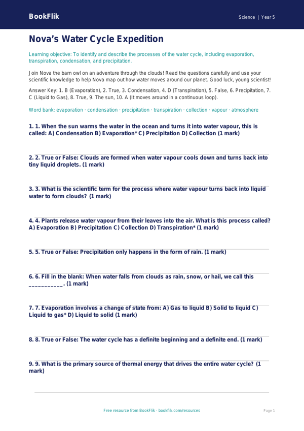 Free Water Cycle Quiz | Year 5 Greater Depth | BookFlik worksheet preview — Science Water Cycle