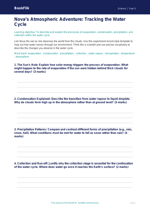 Free Water Cycle Template | Year 5 Greater Depth | BookFlik worksheet preview — Science Water Cycle
