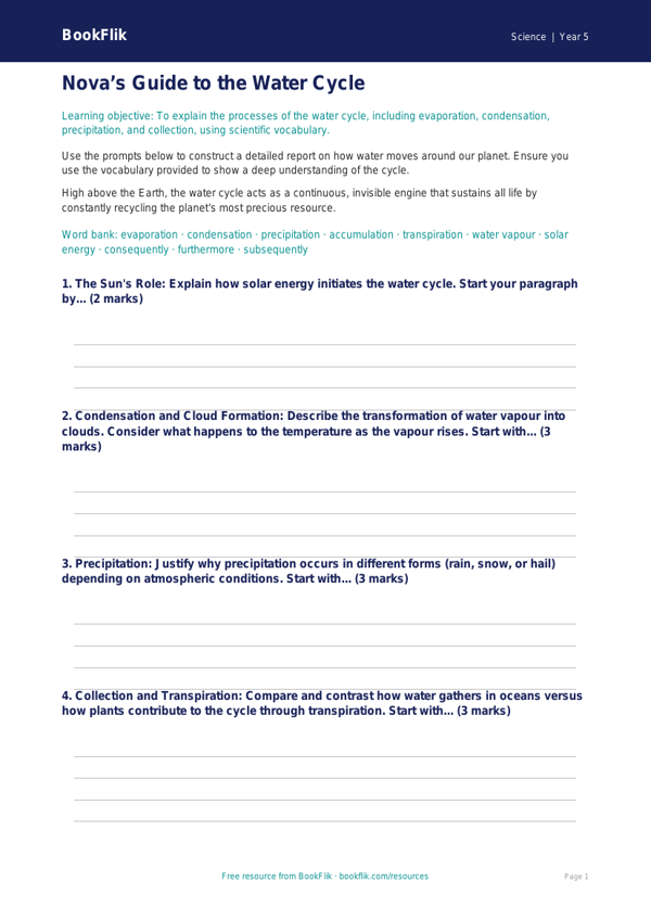 Free Water Cycle Writing Frame | Year 5 Greater Depth | BookFlik worksheet preview — Science Water Cycle