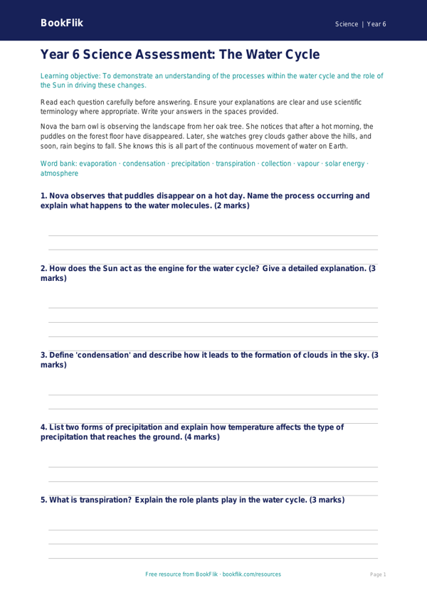 Free Water Cycle Assessment | Year 6 Core | BookFlik worksheet preview — Science Water Cycle