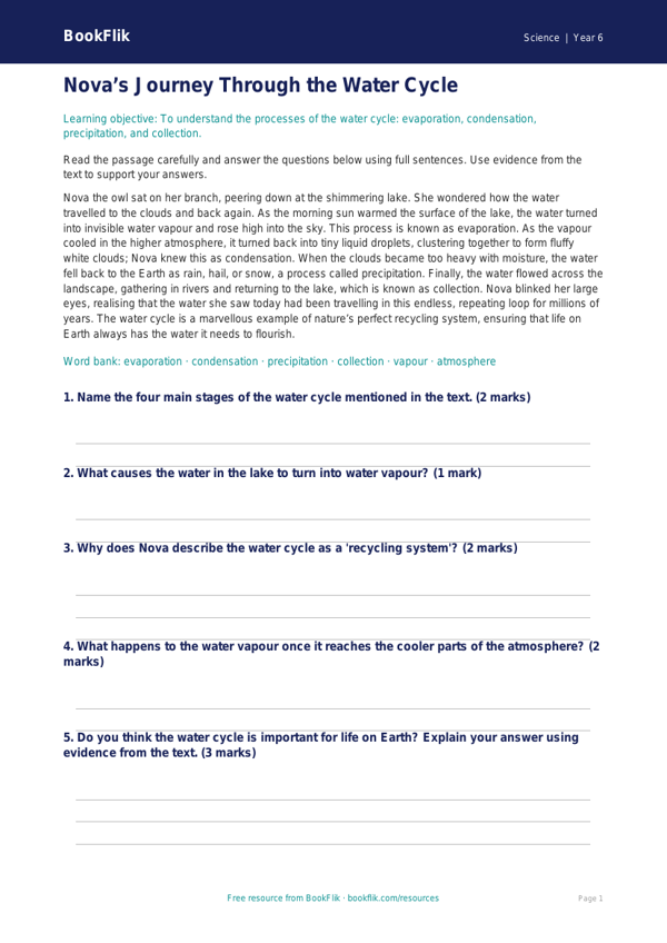 Free Water Cycle Comprehension | Year 6 Core | BookFlik worksheet preview — Science Water Cycle