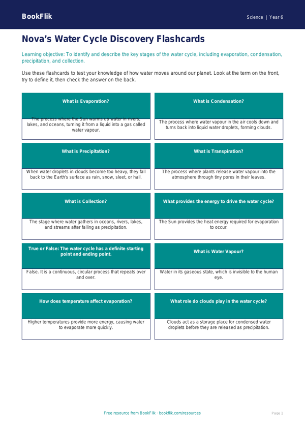 Free Water Cycle Flashcards | Year 6 Core | BookFlik worksheet preview — Science Water Cycle