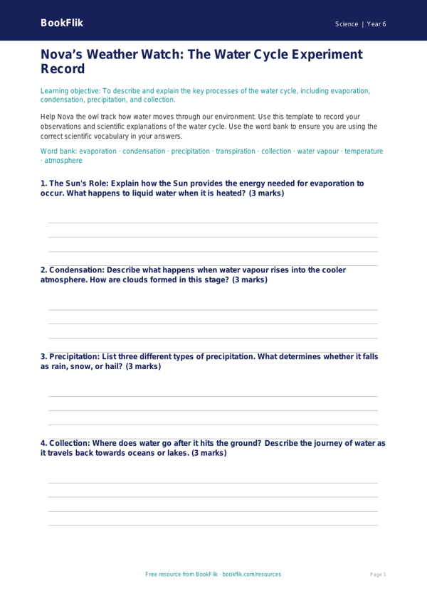 Free Water Cycle Worksheet for Year 6 | Science Printables | BookFlik worksheet preview — Science Water Cycle