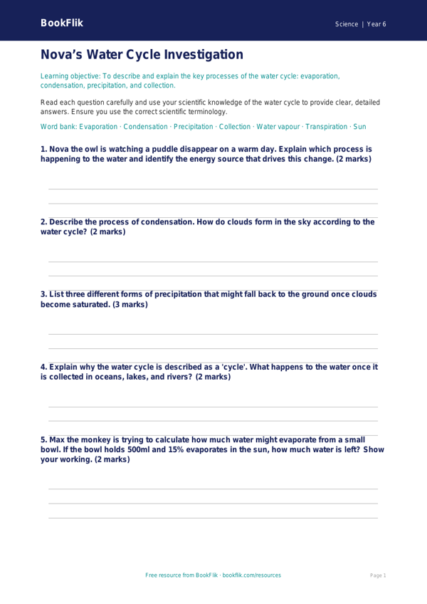 Free Water Cycle Worksheet | Year 6 Core | BookFlik worksheet preview — Science Water Cycle