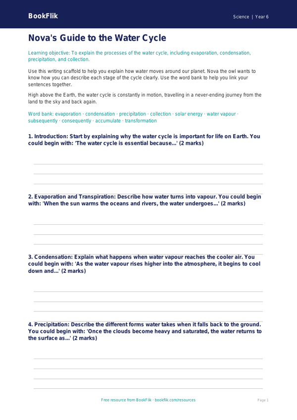 Free Water Cycle Writing Frame | Year 6 Core | BookFlik worksheet preview — Science Water Cycle