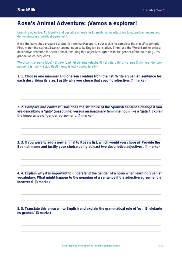 Free Animals Activity Sheet | Year 5 Greater Depth | BookFlik worksheet preview — Spanish Animals