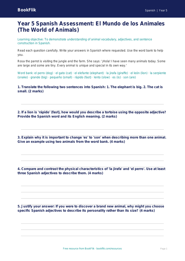 Free Animals Assessment | Year 5 Greater Depth | BookFlik worksheet preview — Spanish Animals