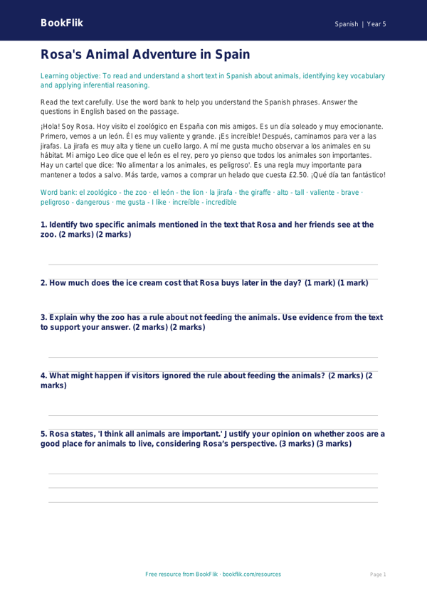 Free Animals Comprehension | Year 5 Greater Depth | BookFlik worksheet preview — Spanish Animals