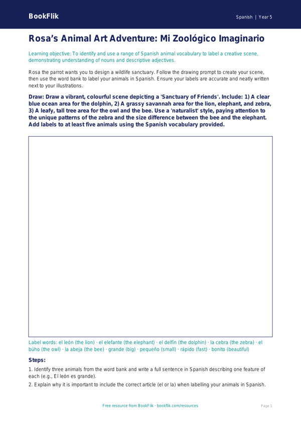 Free Animals Drawing Sheet | Year 5 Greater Depth | BookFlik worksheet preview — Spanish Animals