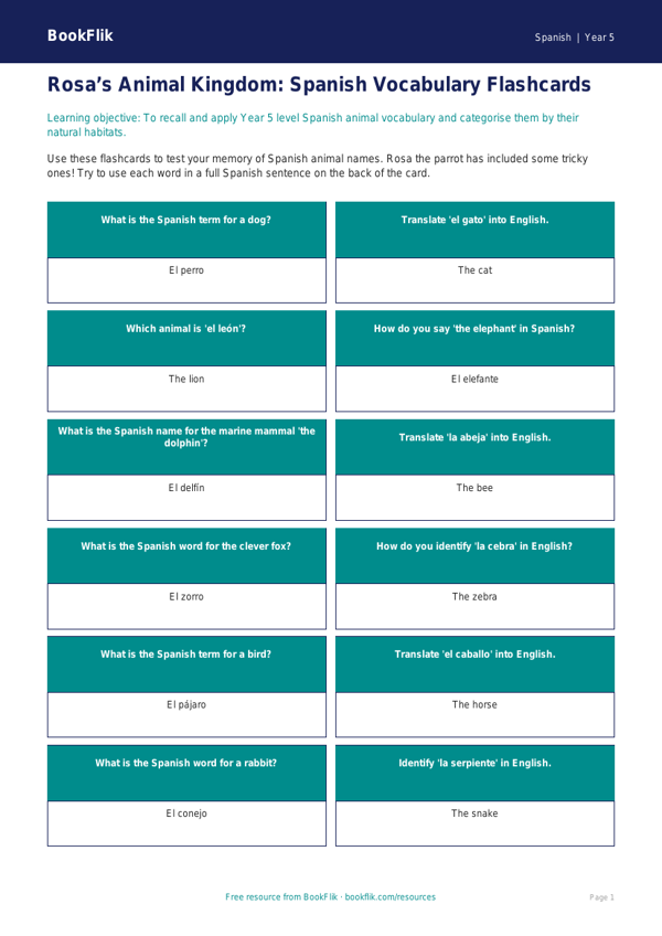 Free Animals Flashcards | Year 5 Greater Depth | BookFlik worksheet preview — Spanish Animals