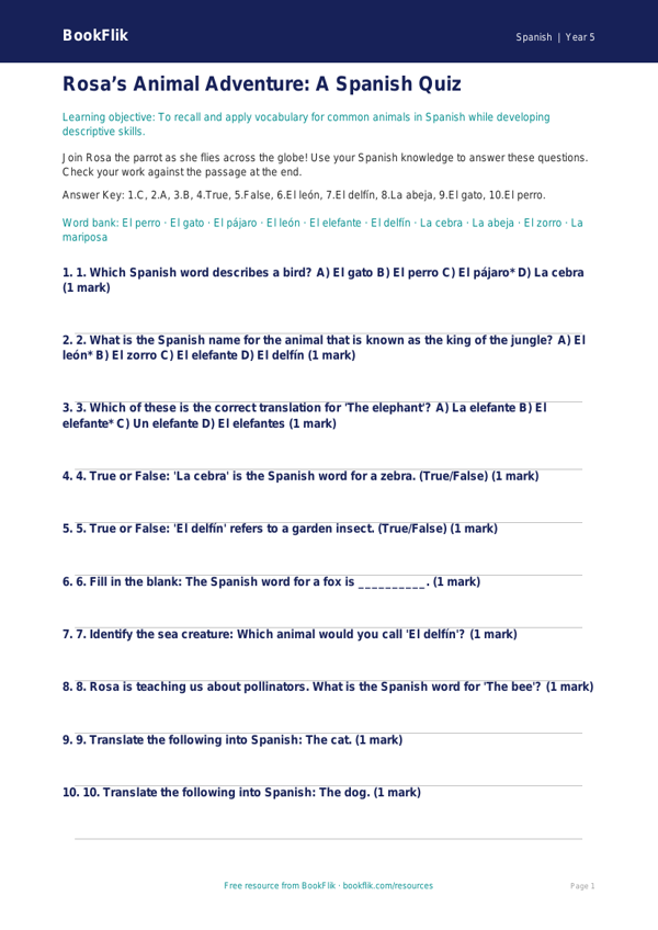 Free Animals Quiz | Year 5 Greater Depth | BookFlik worksheet preview — Spanish Animals