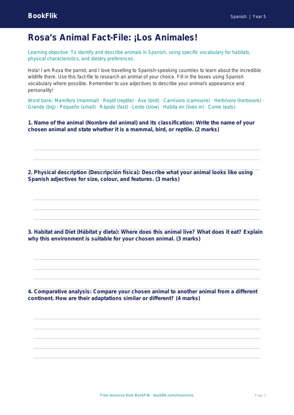 Free Animals Template | Year 5 Greater Depth | BookFlik worksheet preview — Spanish Animals