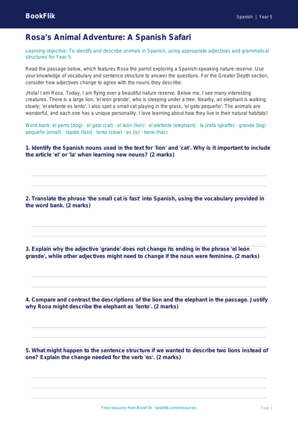 Free Animals Track Sheet | Year 5 Greater Depth | BookFlik worksheet preview — Spanish Animals