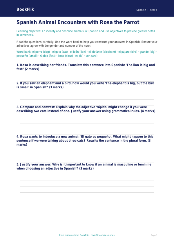 Free Animals Worksheet | Year 5 Greater Depth | BookFlik worksheet preview — Spanish Animals