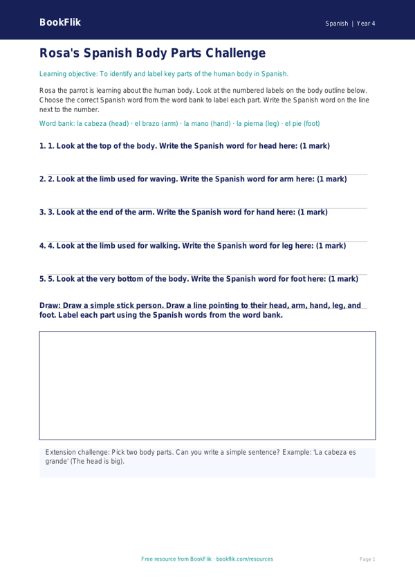 Free Body Parts Activity Sheet | Year 4 Supported | BookFlik worksheet preview — Spanish Body Parts
