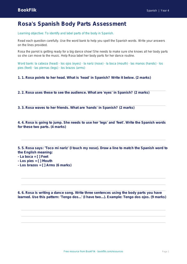 Free Body Parts Assessment | Year 4 Supported | BookFlik worksheet preview — Spanish Body Parts