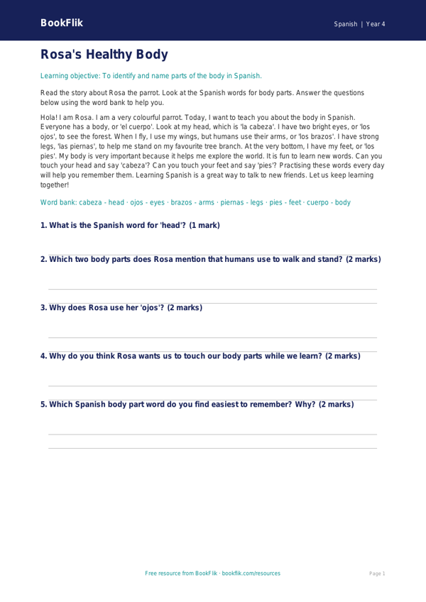 Free Body Parts Comprehension | Year 4 Supported | BookFlik worksheet preview — Spanish Body Parts