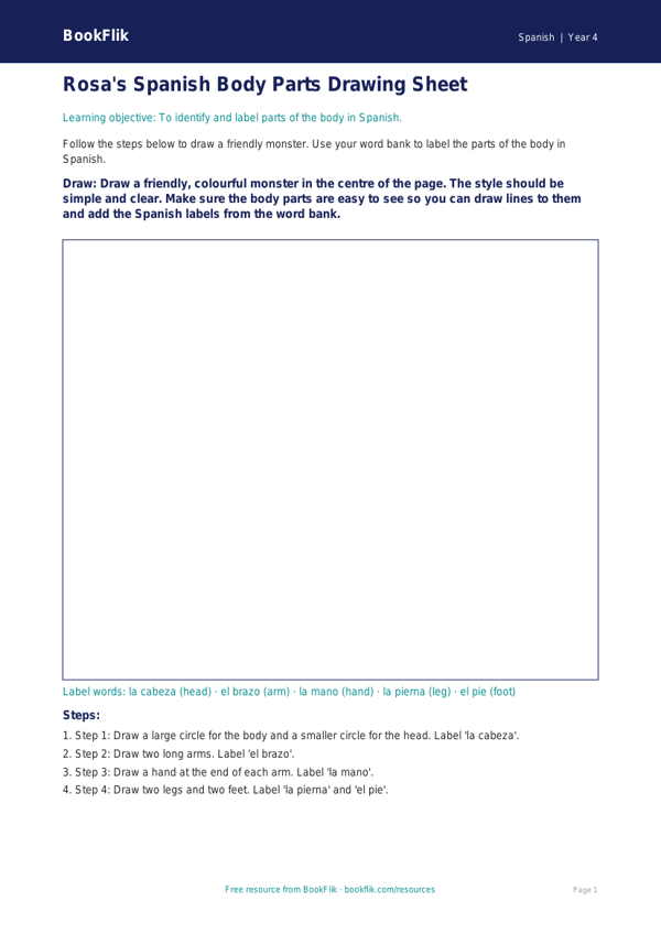 Free Body Parts Drawing Sheet | Year 4 Supported | BookFlik worksheet preview — Spanish Body Parts