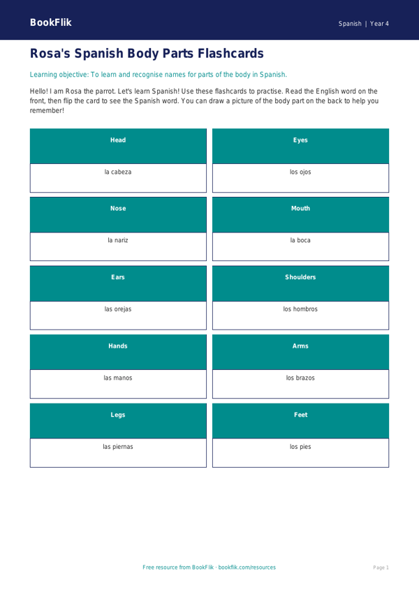 Free Body Parts Flashcards | Year 4 Supported | BookFlik worksheet preview — Spanish Body Parts
