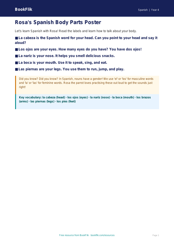 Free Body Parts Poster | Year 4 Supported | BookFlik worksheet preview — Spanish Body Parts