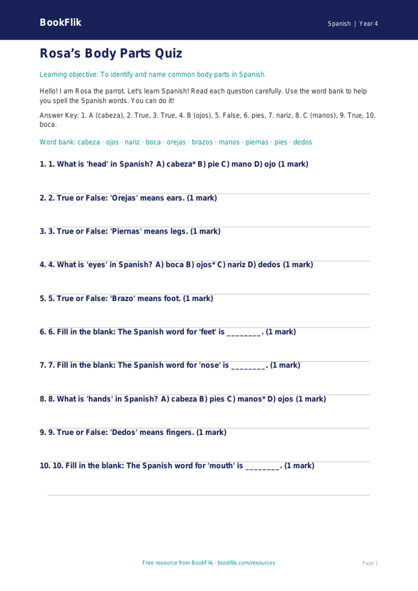 Free Body Parts Quiz | Year 4 Supported | BookFlik worksheet preview — Spanish Body Parts