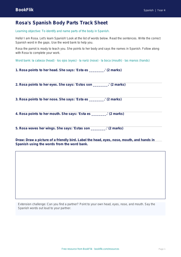 Free Body Parts Track Sheet | Year 4 Supported | BookFlik worksheet preview — Spanish Body Parts