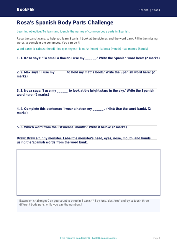 Free Body Parts Worksheet | Year 4 Supported | BookFlik worksheet preview — Spanish Body Parts